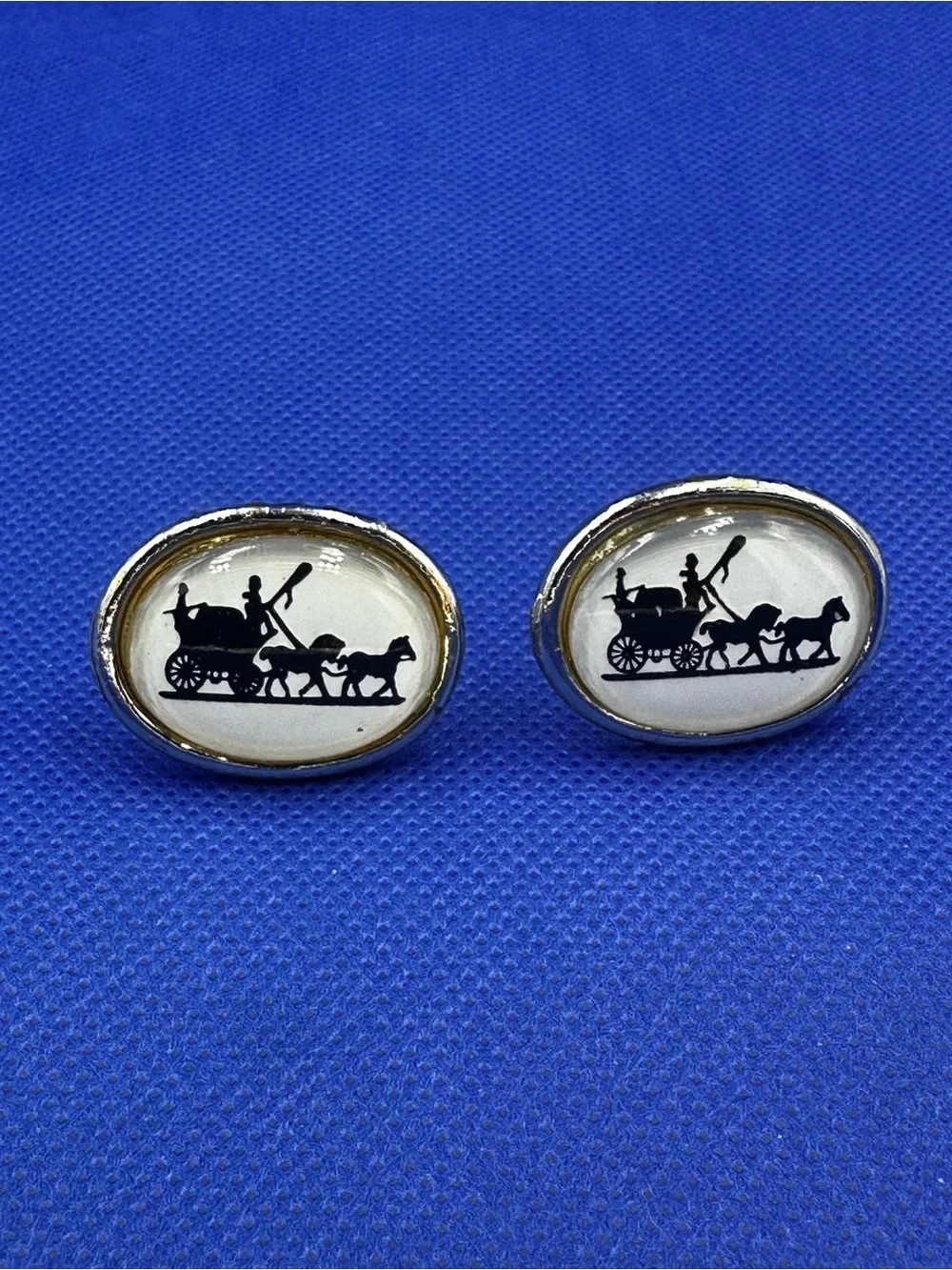 Gold-Tone Horse & Carriage Silhouette Oval Cufflinks in White Inlay